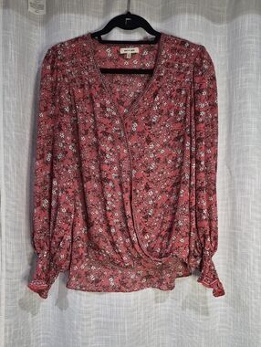 Max Studio Dusty Rose Floral drapey Wrap Top Blouse Long Sleeve